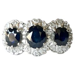 Vintage Sapphire and Diamond 18 Carat White Gold Triple Cluster Ring