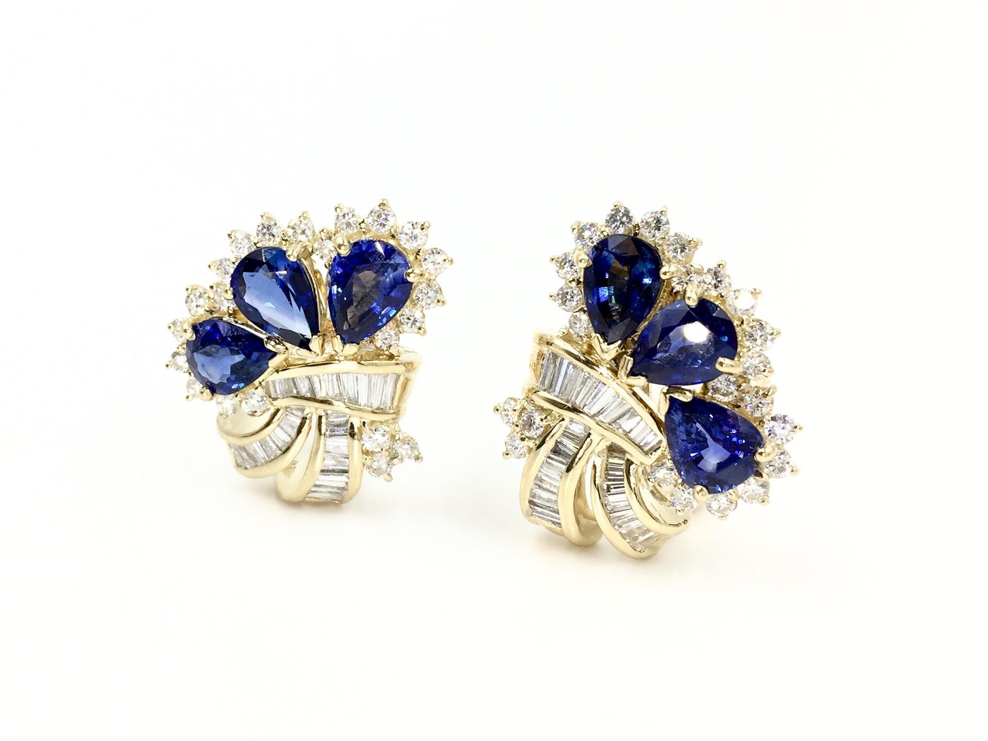 Stylish sapphire and diamond earrings that make a statement and fan the ear beautifully. Earrings hug the ear very comfortably with collapsible posts (if clip-on style is needed) and omega lever backs. Six gorgeous, high quality pear shaped blue