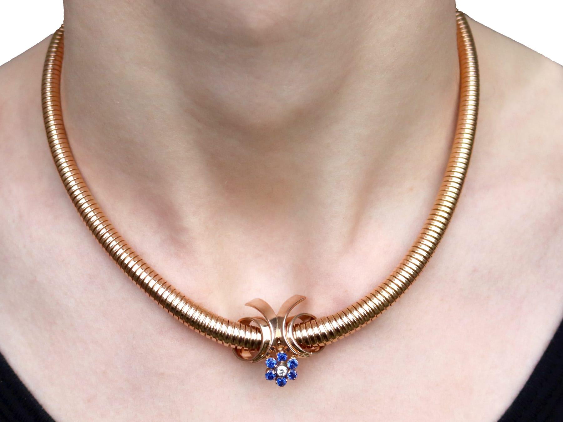 Vintage Sapphire and Diamond, 18k Rose Gold Collarette Necklace For Sale 5