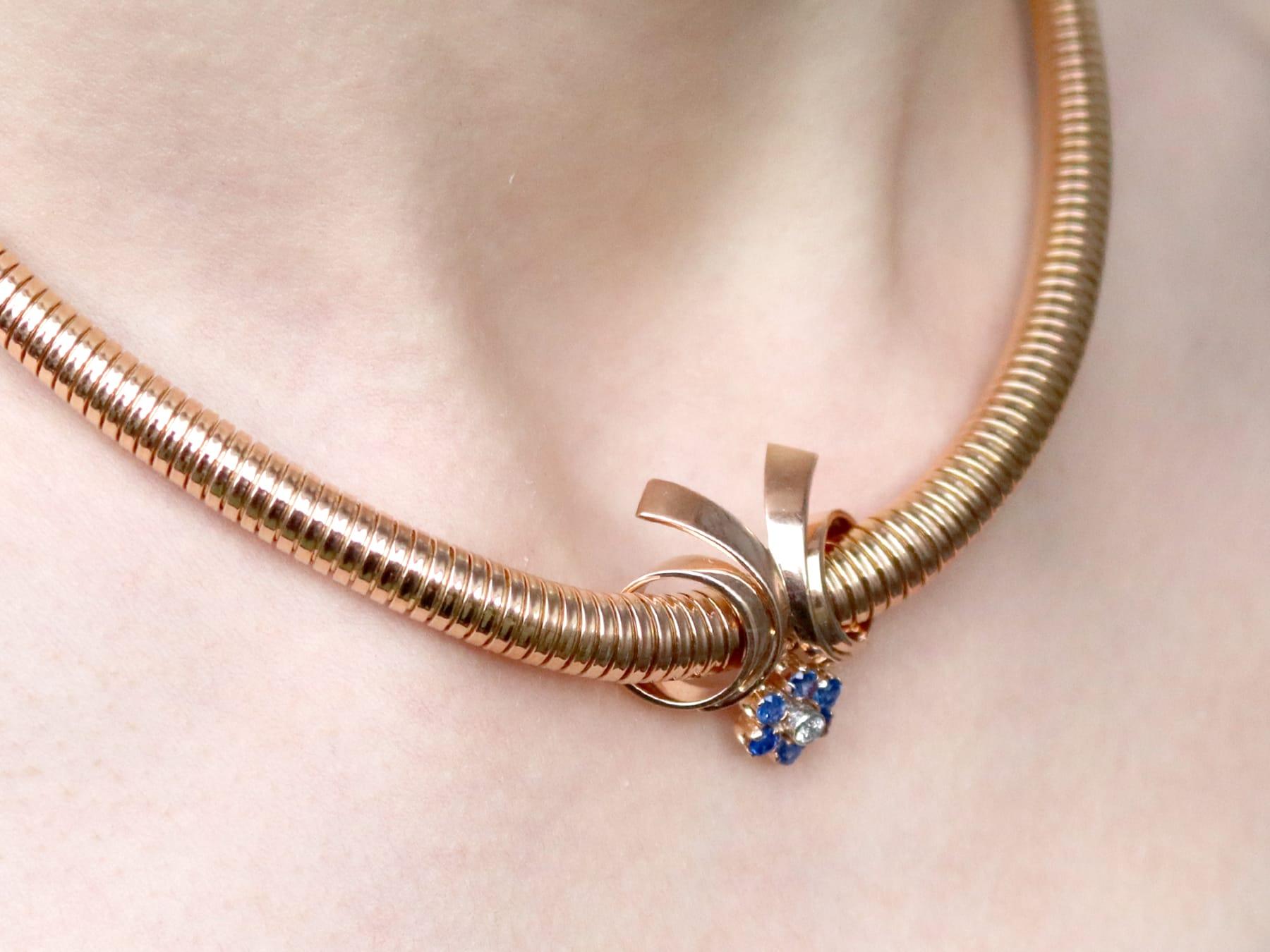 Vintage Sapphire and Diamond, 18k Rose Gold Collarette Necklace For Sale 6
