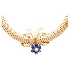 Vintage Sapphire and Diamond, 18k Rose Gold Collarette Necklace