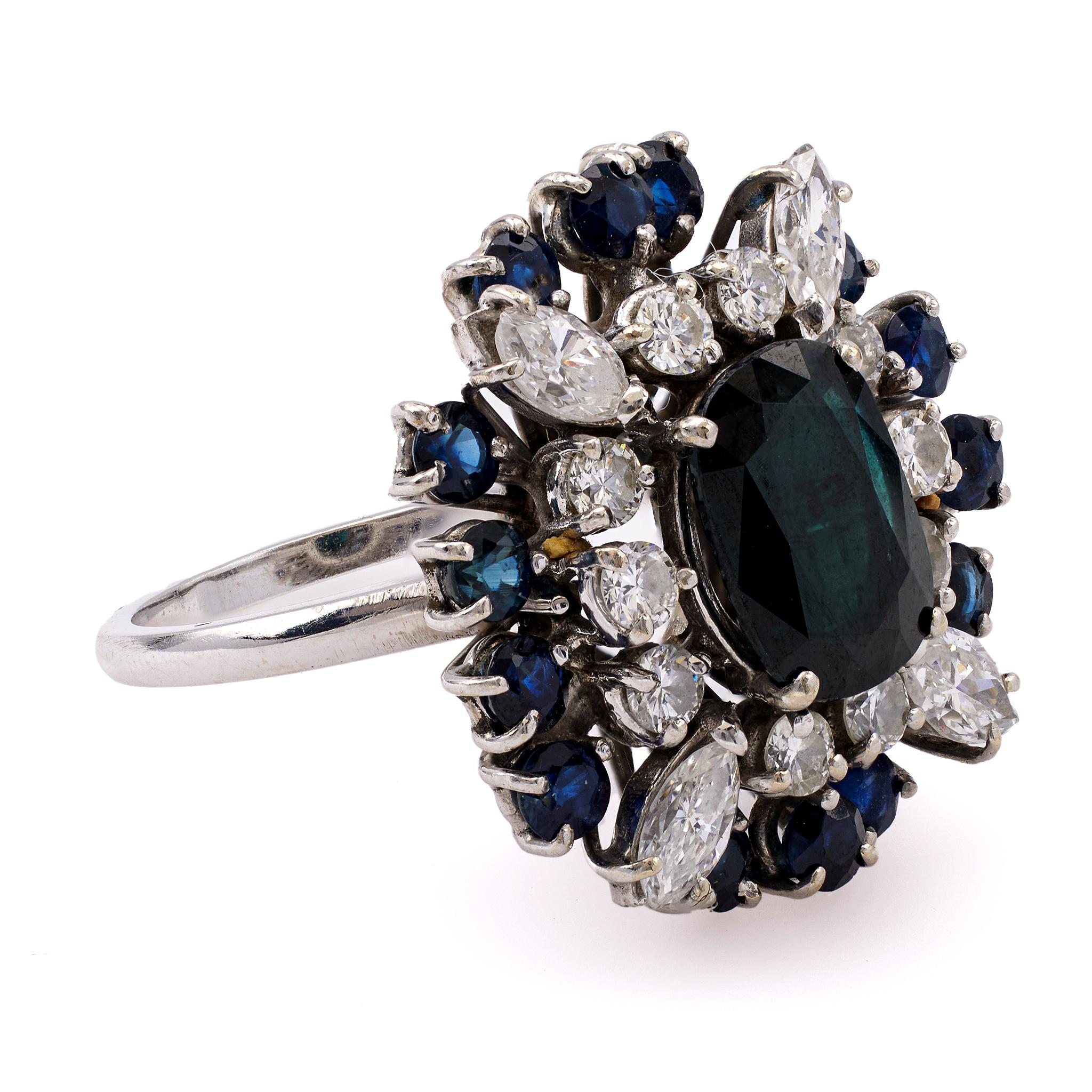 Women's or Men's Vintage Sapphire and Diamond 18k White Gold Cluster Cocktail Ring For Sale