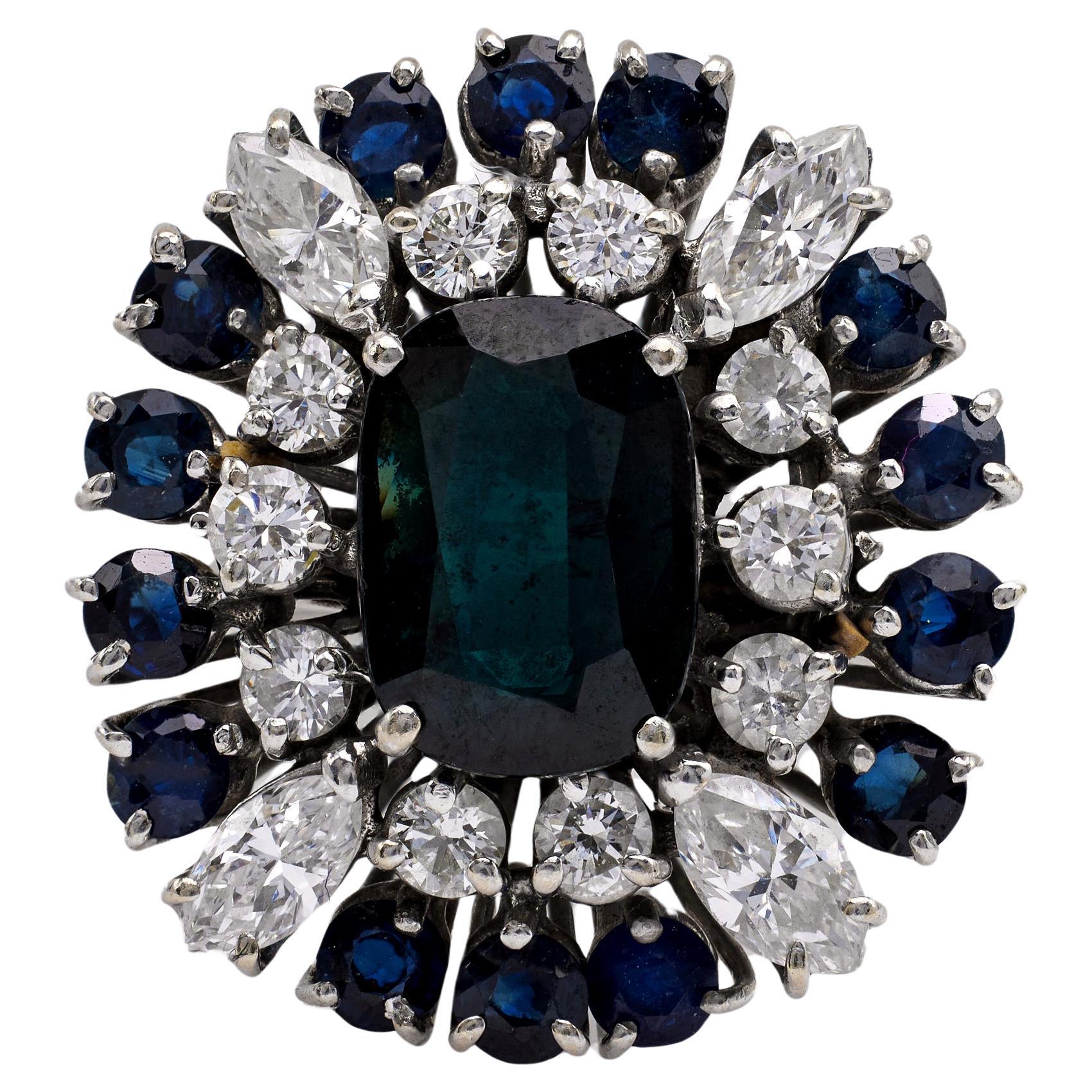 Vintage Sapphire and Diamond 18k White Gold Cluster Cocktail Ring For Sale