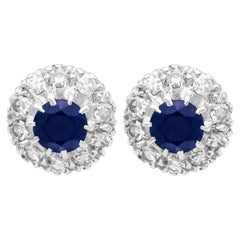 Vintage Sapphire and Diamond 18K White Gold Cluster Earrings