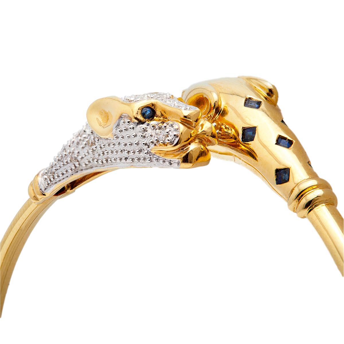 Women's or Men's Vintage Sapphire and Diamond 18k Yellow Gold Panther Cuff Bracelet