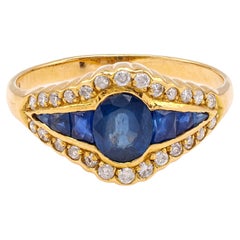 Retro Sapphire and Diamond 18k Yellow Gold Ring