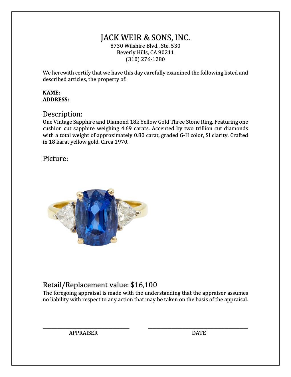 Anillo vintage de tres piedras de oro amarillo de 18k con zafiro y diamantes 2