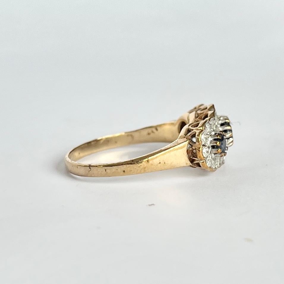 Vintage Sapphire and Diamond 18 Carat White Gold Triple Cluster Ring In Good Condition For Sale In Chipping Campden, GB