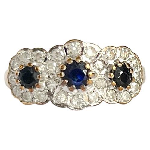 Vintage Sapphire and Diamond 18 Carat White Gold Triple Cluster Ring