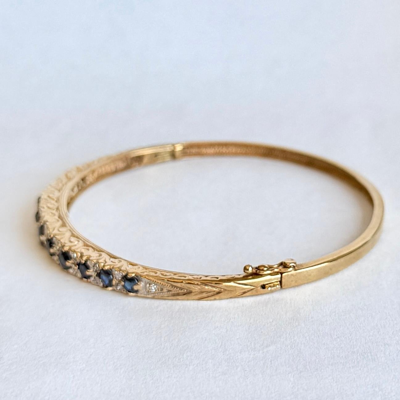Round Cut Vintage Sapphire and Diamond 9 Carat Gold Bangle For Sale