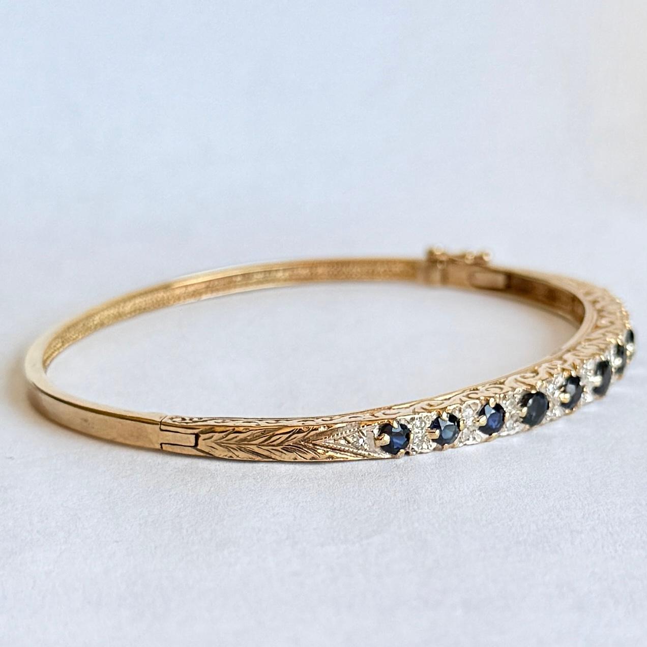 Vintage Sapphire and Diamond 9 Carat Gold Bangle In Good Condition For Sale In Chipping Campden, GB