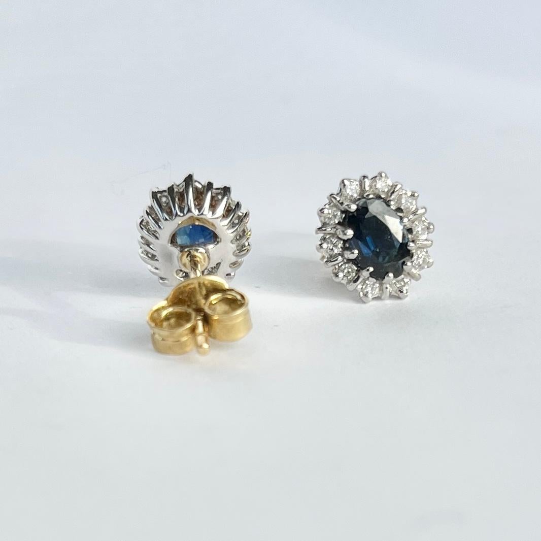 Modern Vintage Sapphire and Diamond 9 Carat Gold Cluster Stud Earrings For Sale