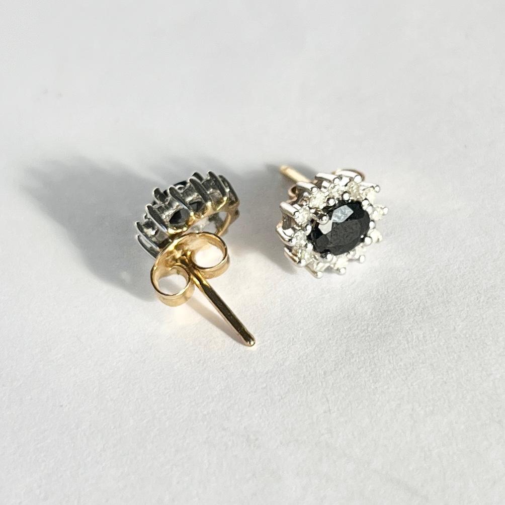 Modern Vintage Sapphire and Diamond 9 Carat Gold Cluster Stud Earrings For Sale