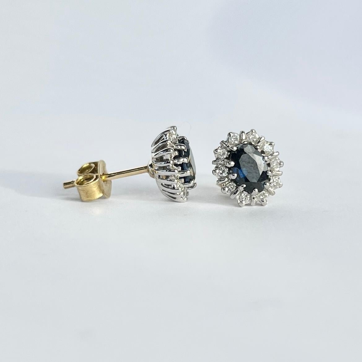 Oval Cut Vintage Sapphire and Diamond 9 Carat Gold Cluster Stud Earrings For Sale