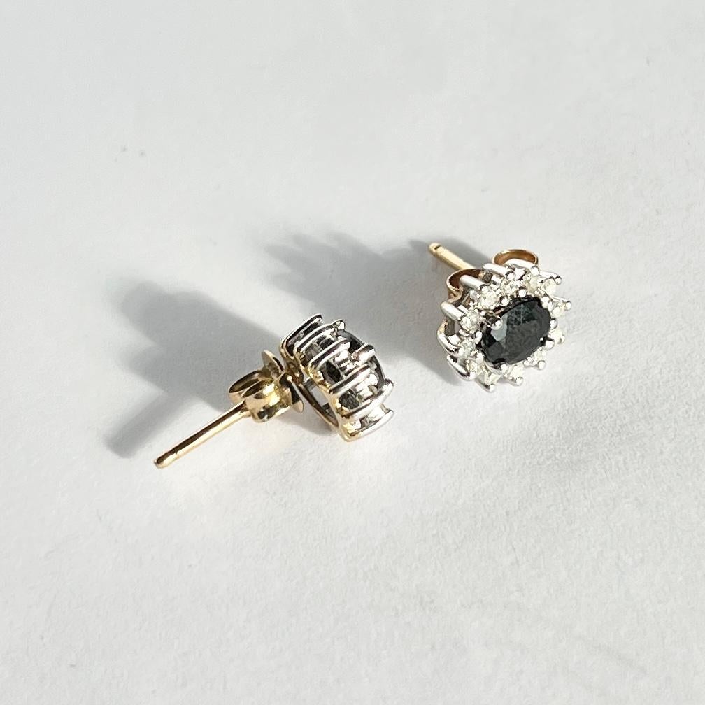 Oval Cut Vintage Sapphire and Diamond 9 Carat Gold Cluster Stud Earrings For Sale