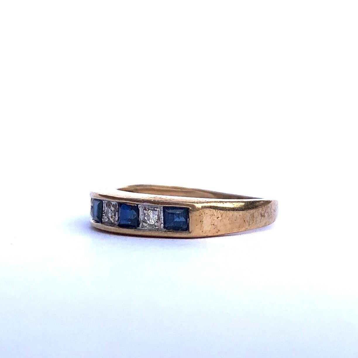 Holding five Sapphires and four Diamonds, this half eternity band is fabulous! The sapphires measure 10pts each and the diamonds are small but still have a wonderful sparkle. The stones are set in platinum and the band is modelled in 9ct gold.

Ring