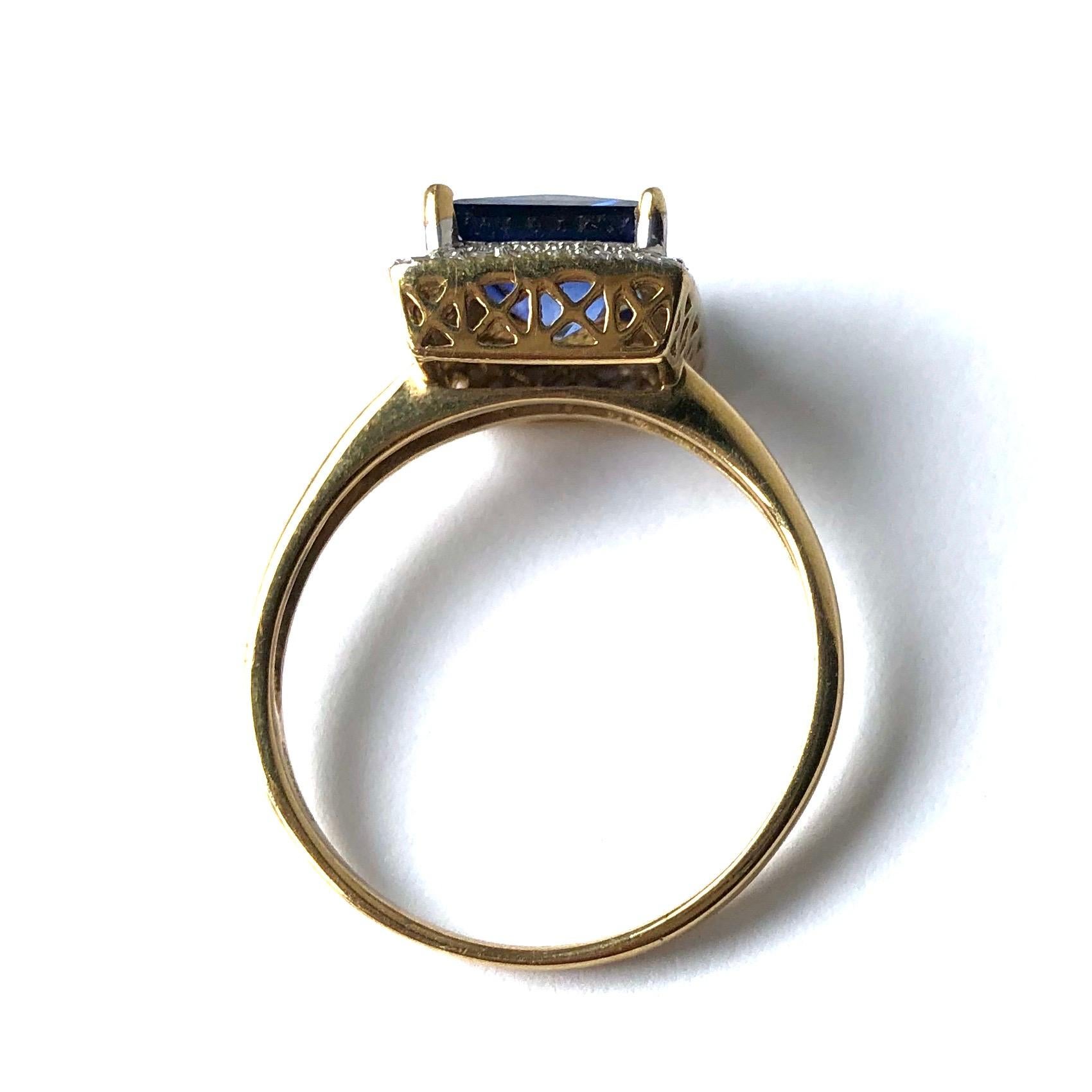 Square Cut Vintage Sapphire and Diamond 9 Carat Gold Solitaire Ring