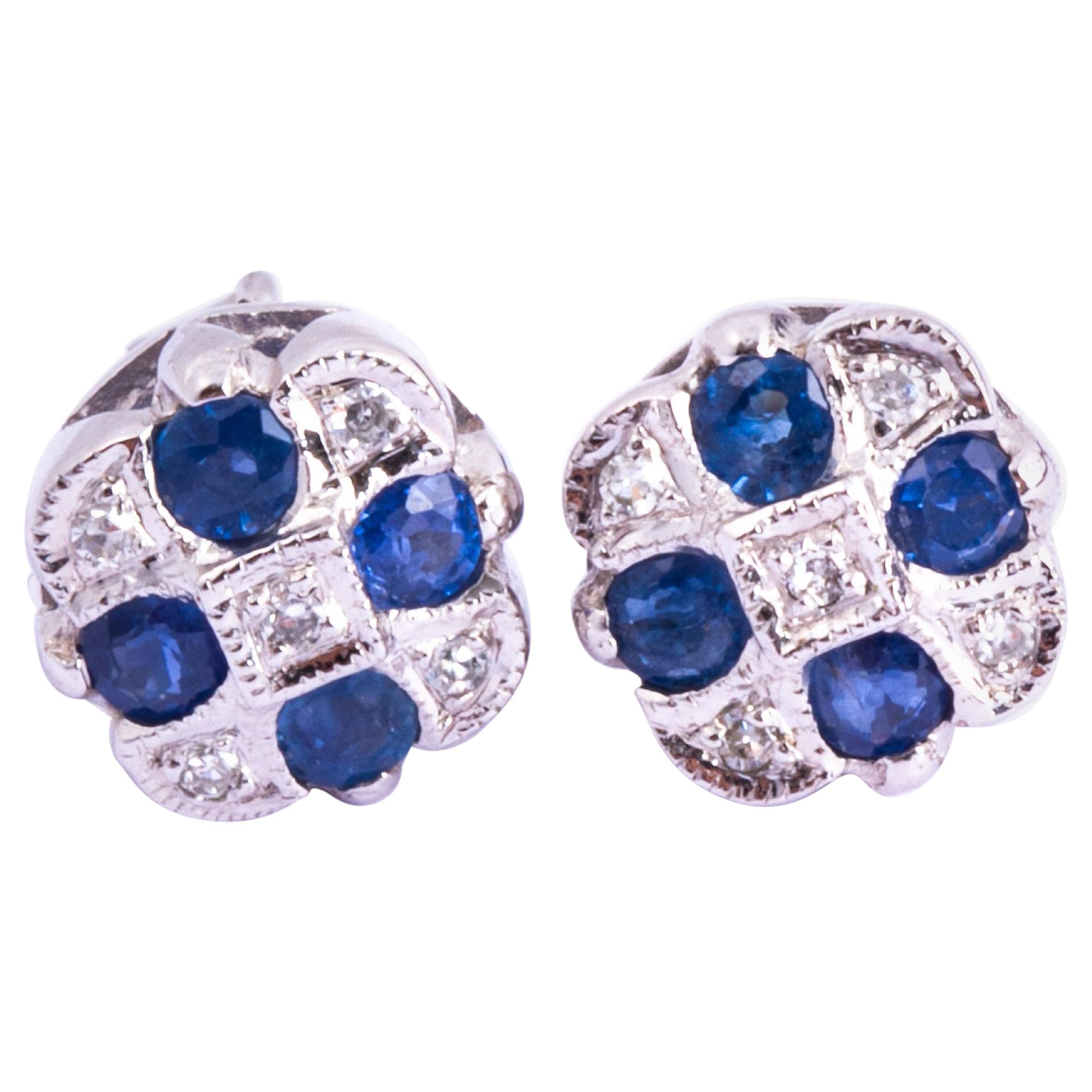 Vintage Sapphire and Diamond 9 Carat White Gold Stud Earrings