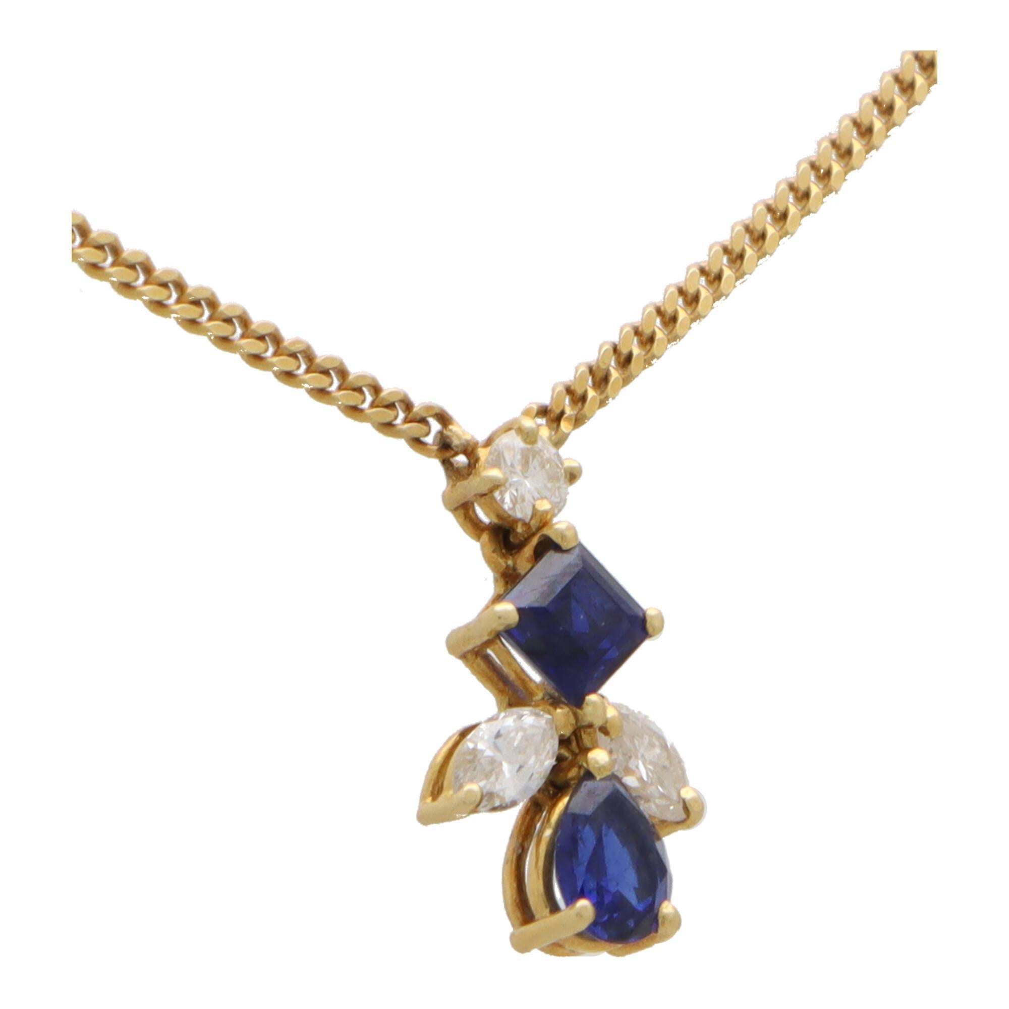 Retro  Vintage Sapphire and Diamond Abstract Pendant Necklace Set in 18k Yellow Gold For Sale