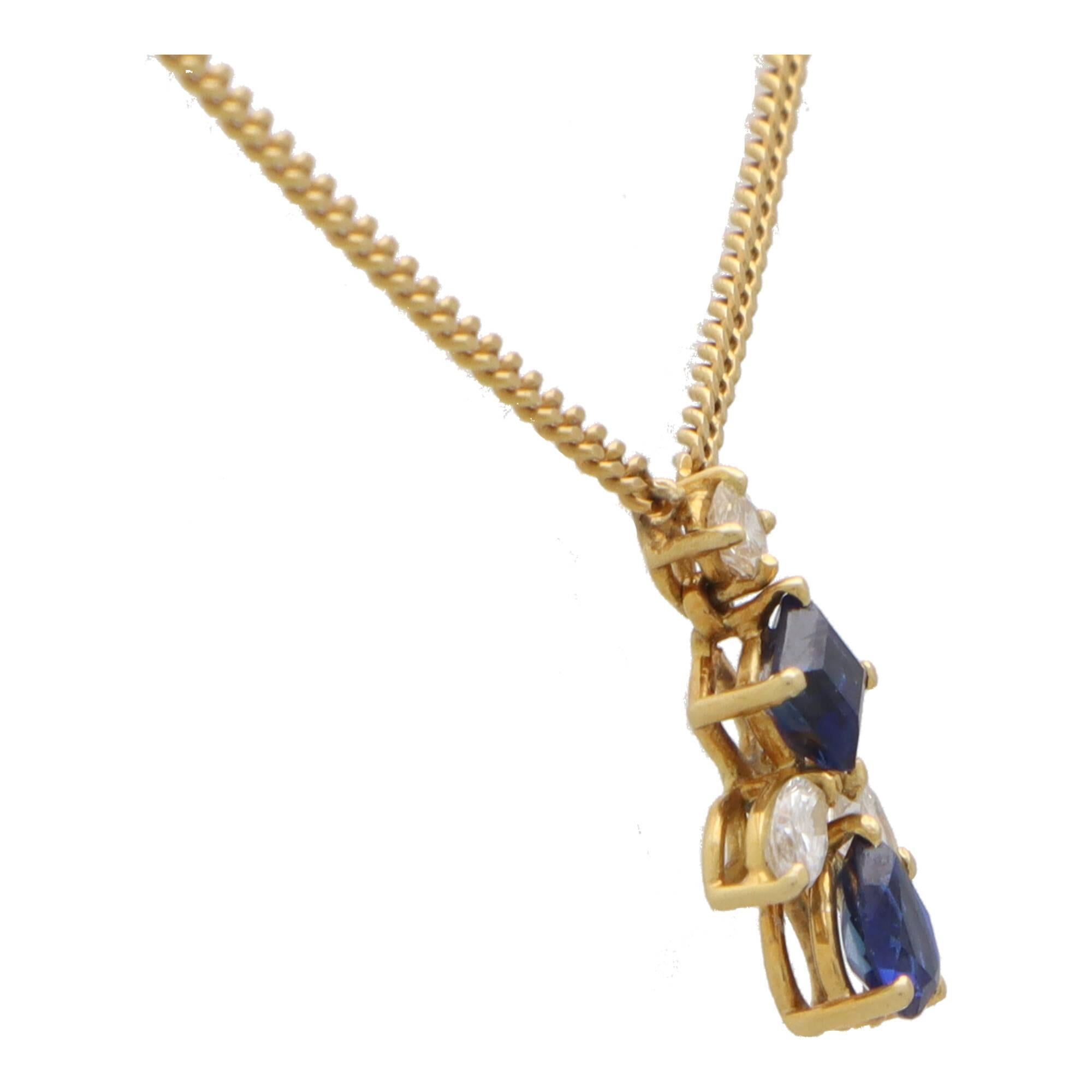 Pear Cut  Vintage Sapphire and Diamond Abstract Pendant Necklace Set in 18k Yellow Gold For Sale