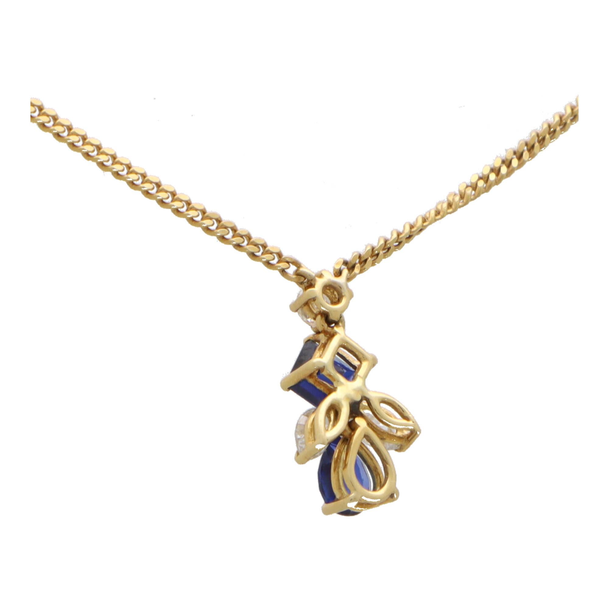  Vintage Sapphire and Diamond Abstract Pendant Necklace Set in 18k Yellow Gold In Excellent Condition For Sale In London, GB
