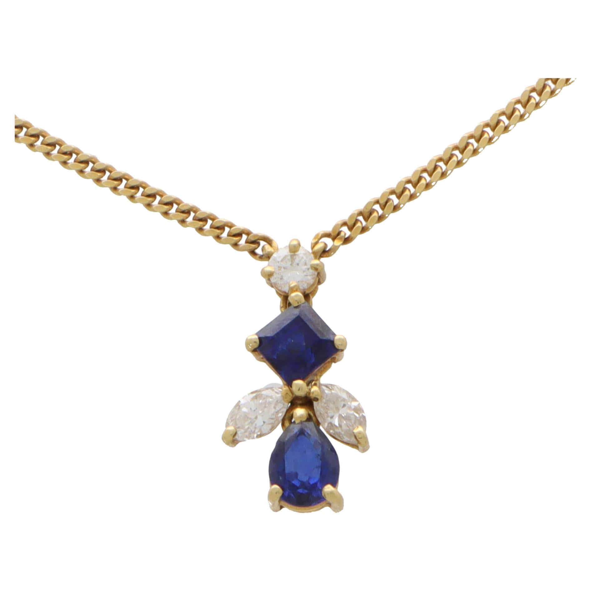  Vintage Sapphire and Diamond Abstract Pendant Necklace Set in 18k Yellow Gold