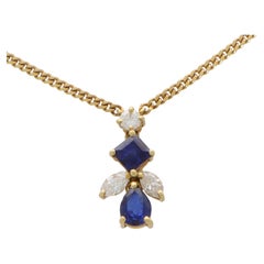  Retro Sapphire and Diamond Abstract Pendant Necklace Set in 18k Yellow Gold
