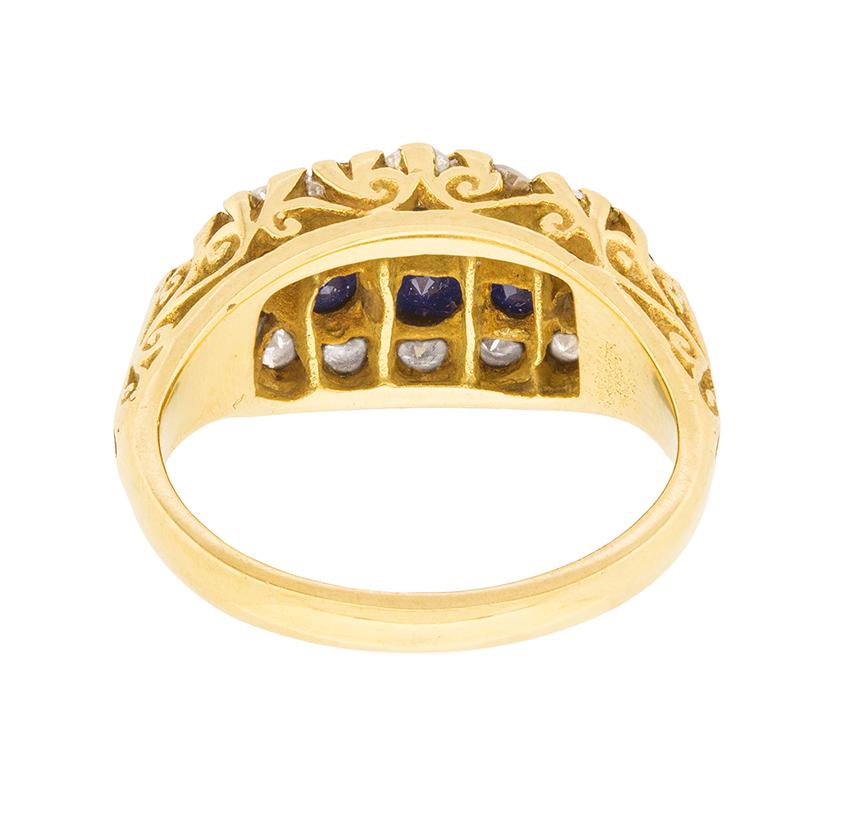 Old Mine Cut Vintage Sapphire and Diamond Carved Shank Cluster Ring, circa 1950s For Sale