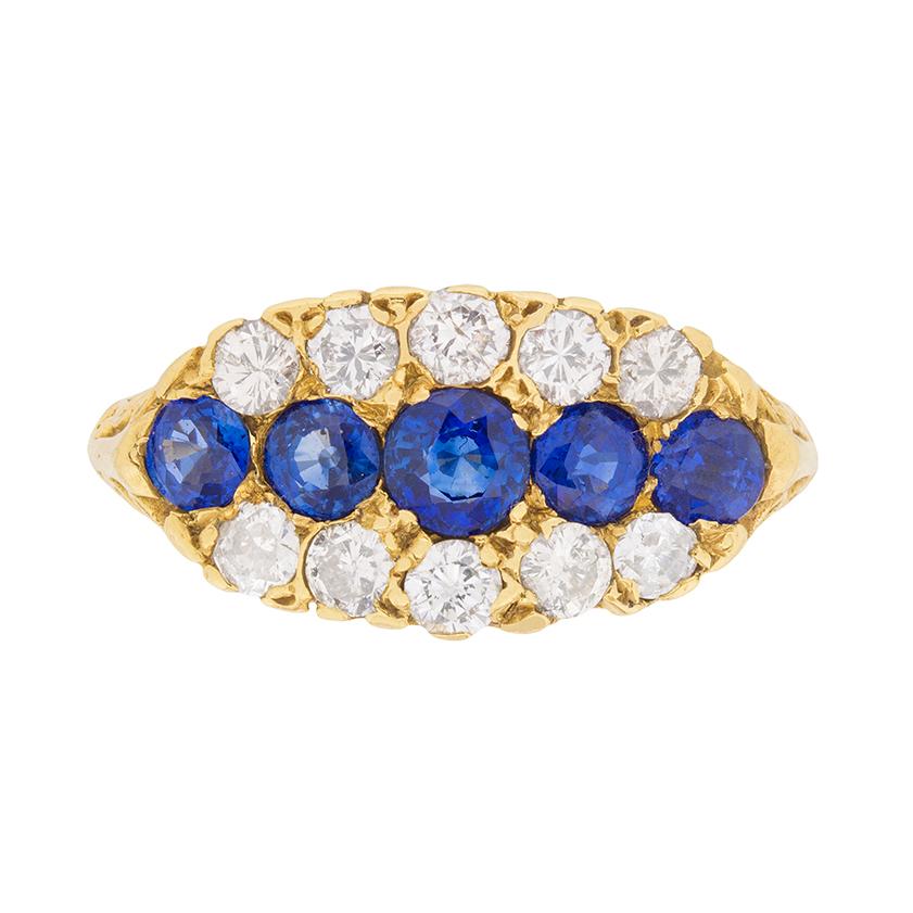 Vintage Sapphire and Diamond Carved Shank Cluster Ring, circa 1950s For Sale