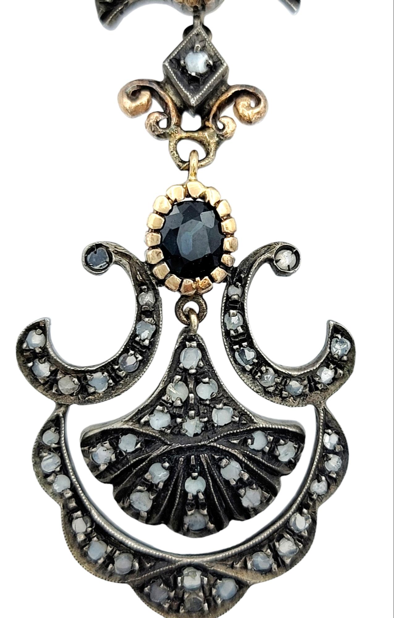 Édouardien Boucles d'oreilles lustre vintage en or 14 carats et argent sterling avec saphirs et diamants en vente