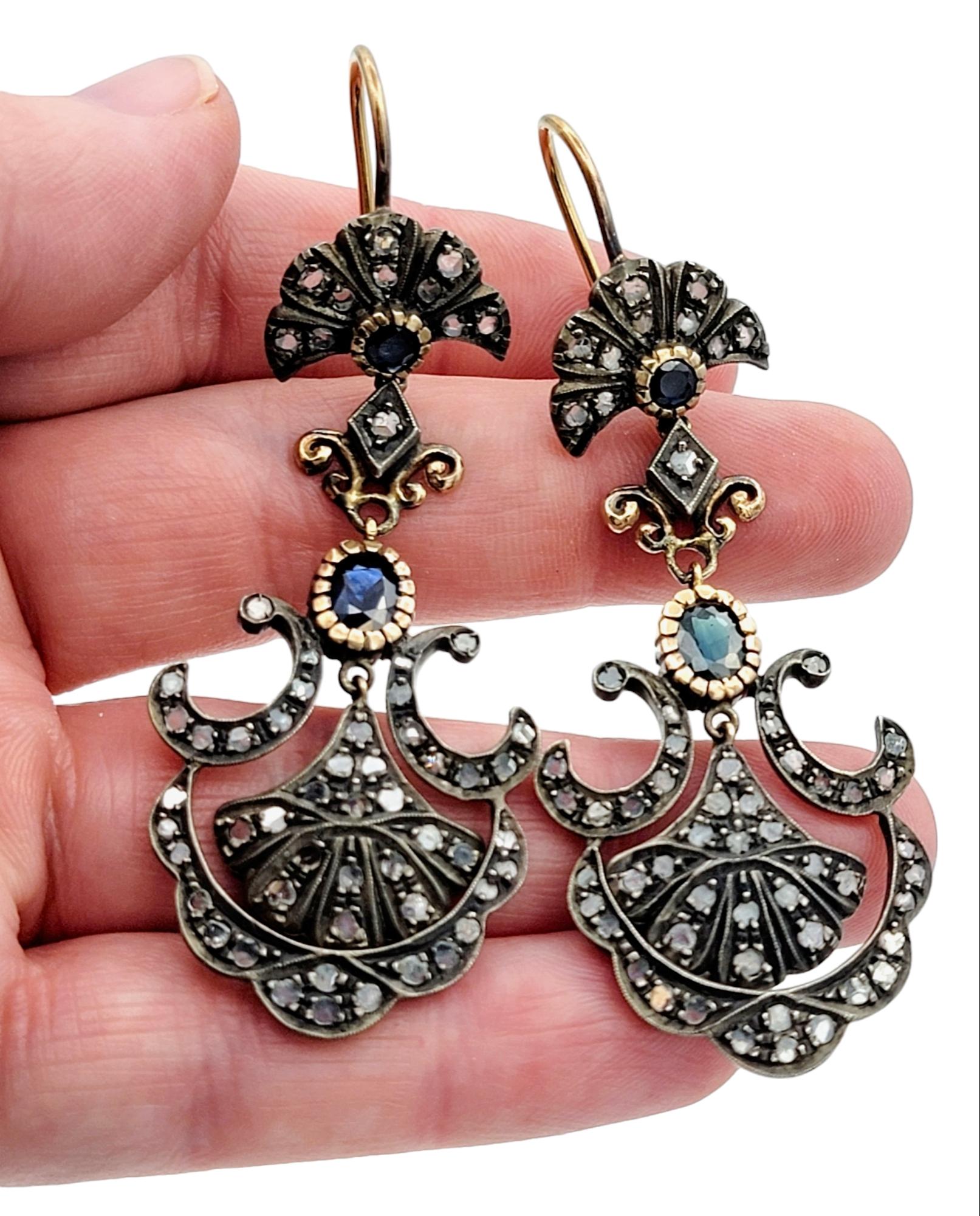 Vintage Sapphire and Diamond Chandelier Earrings in 14 Karat Gold and Sterling For Sale 1