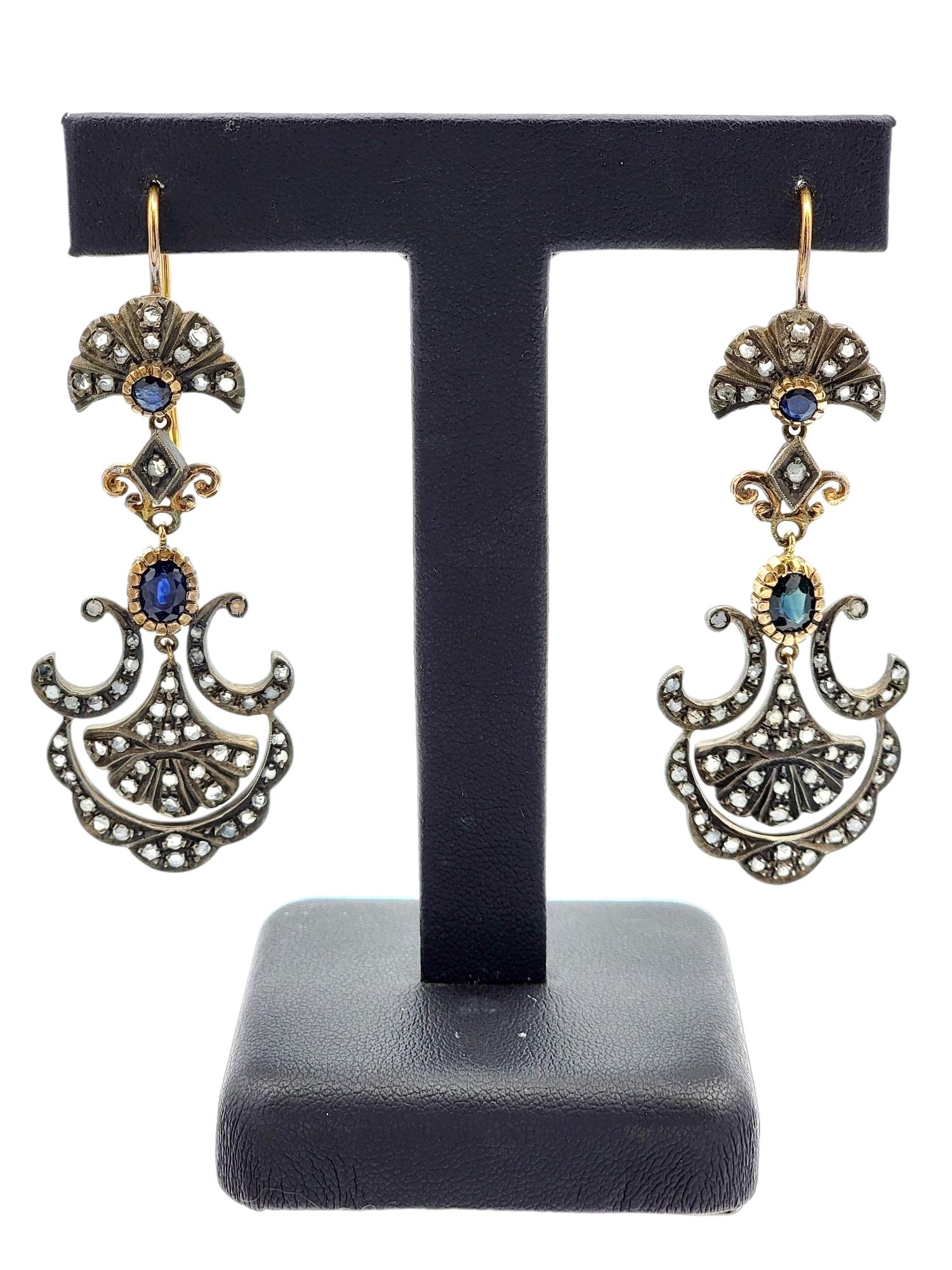 Vintage Sapphire and Diamond Chandelier Earrings in 14 Karat Gold and Sterling For Sale 2