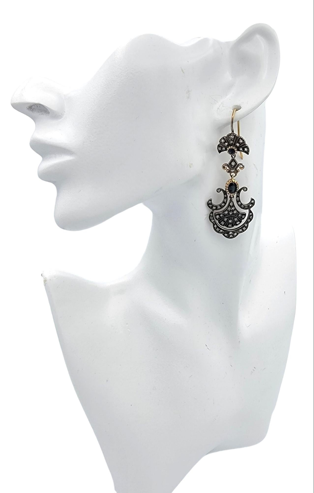 Boucles d'oreilles lustre vintage en or 14 carats et argent sterling avec saphirs et diamants en vente 3