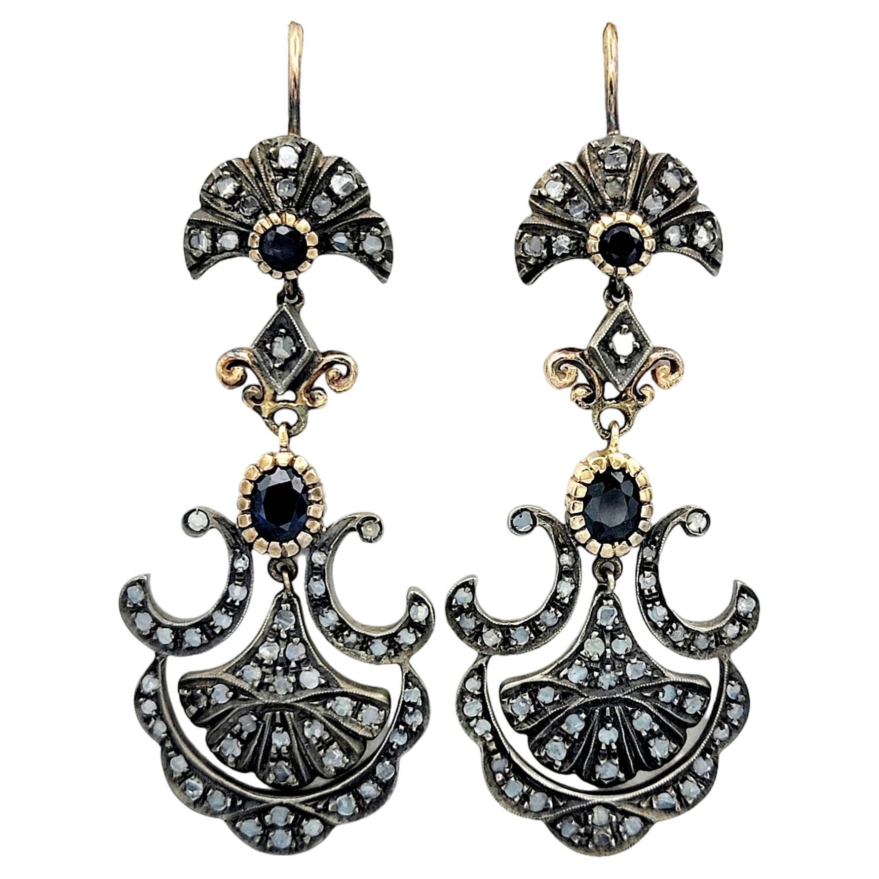 Chandelier-Ohrringe aus 14 Karat Gold und Sterling mit Saphiren und Diamanten
