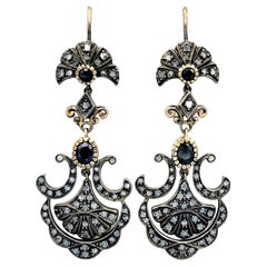 Boucles d'oreilles lustre vintage en or 14 carats et argent sterling avec saphirs et diamants