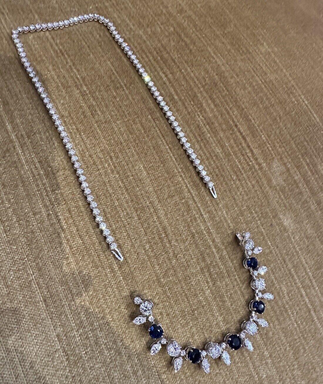Vintage Sapphire and Diamond Choker Necklace in Platinum and 18k White Gold

Vintage Diamond and Sapphire Necklace features 5 Natural Round Blue Sapphires and Natural Round Brilliant and Marquise Diamonds in the front, set in 18k White Gold,