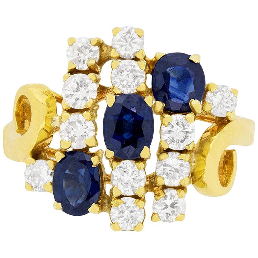 Vintage Sapphire and Diamond Cluster Dress Ring, circa 1980s For Sale