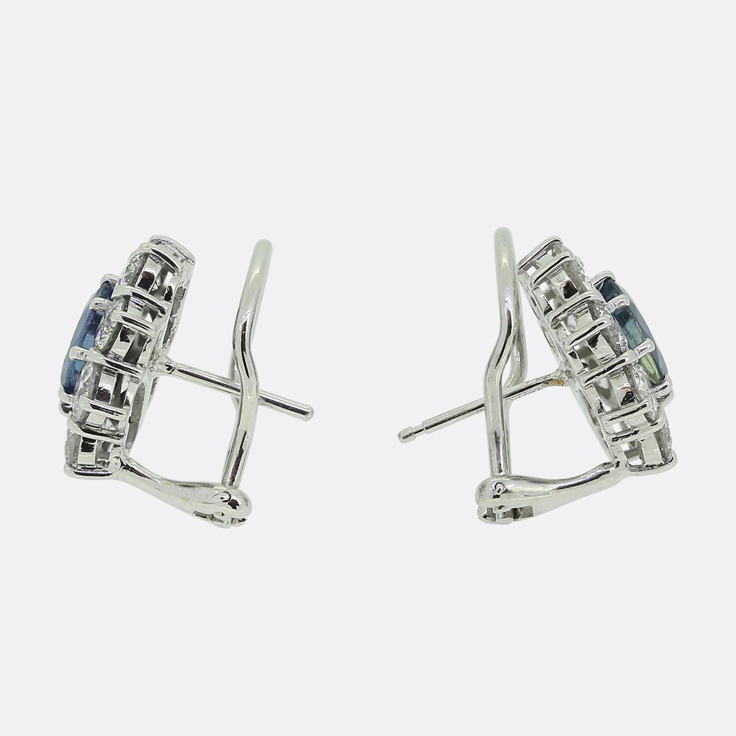 Oval Cut Vintage Sapphire and Diamond Cluster Earrings For Sale