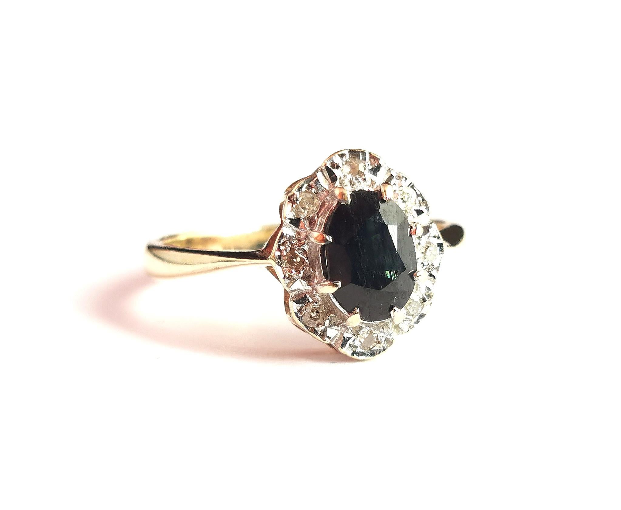 Vintage Sapphire and Diamond Cluster Ring, 9k Yellow Gold 9
