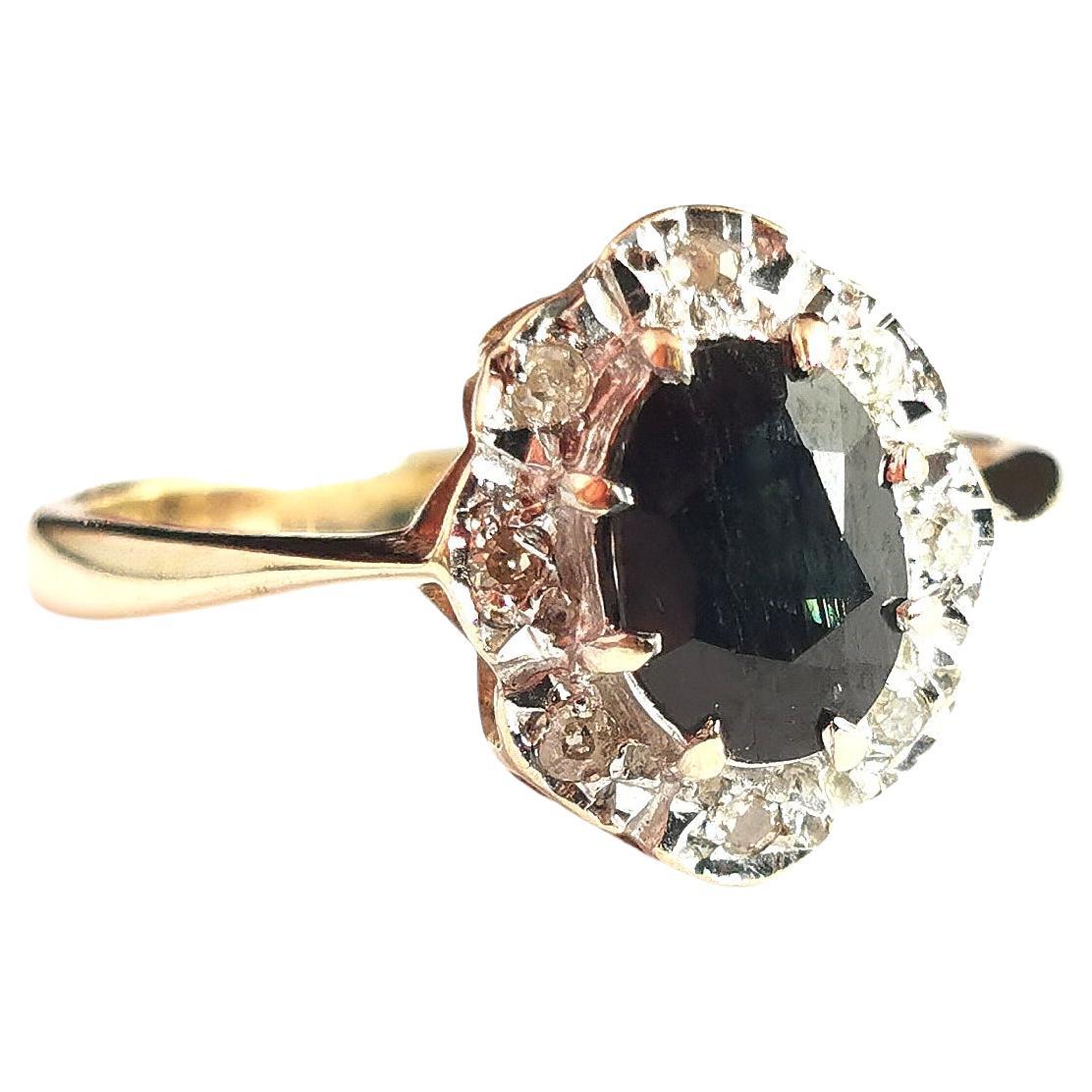Vintage Sapphire and Diamond Cluster Ring, 9k Yellow Gold