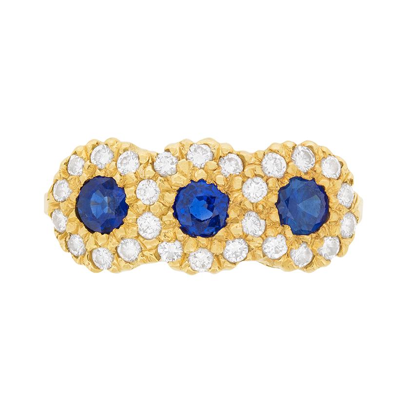 Vintage Sapphire and Diamond Cluster Ring, circa 1970s For Sale
