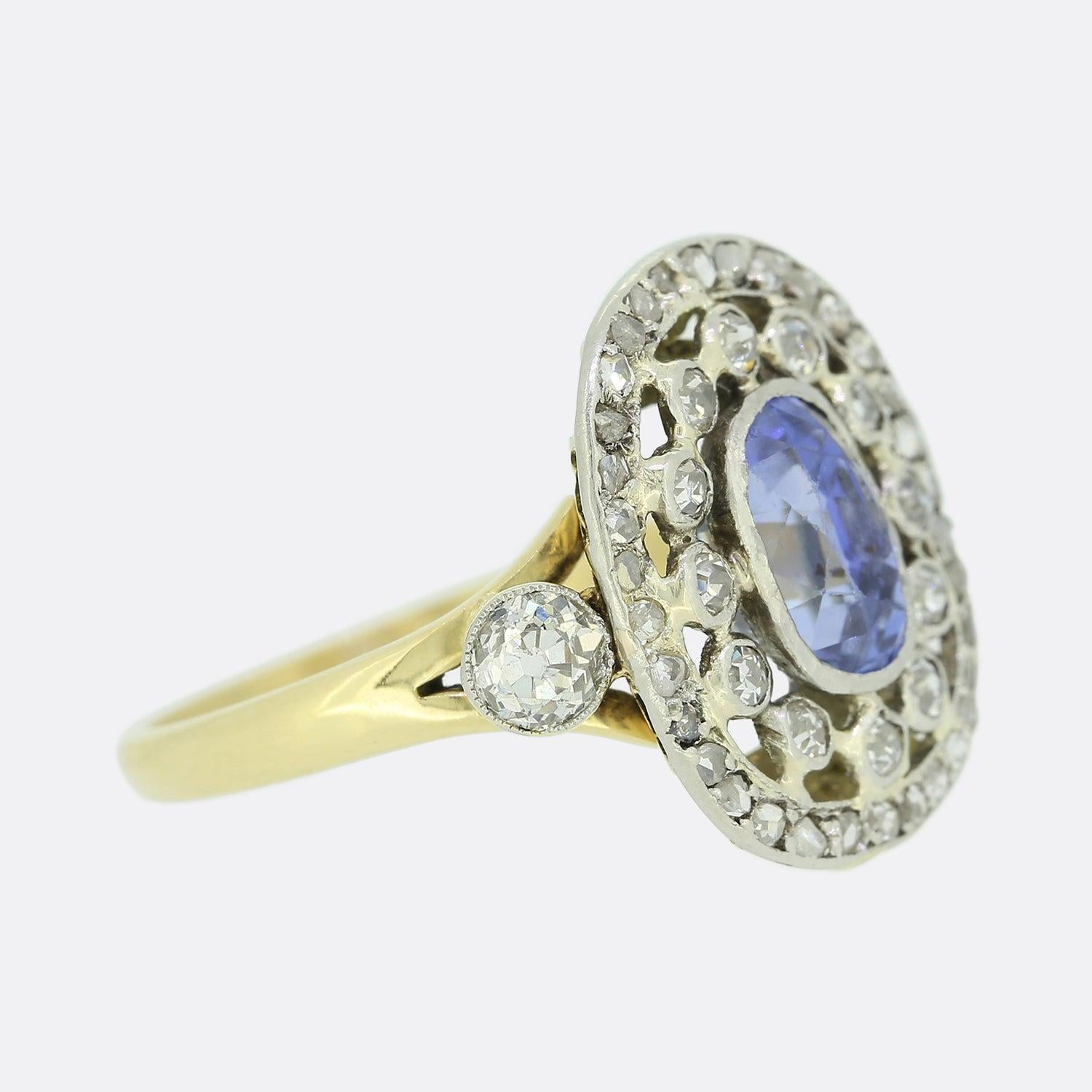 Oval Cut Vintage Sapphire and Diamond Cluster Ring For Sale