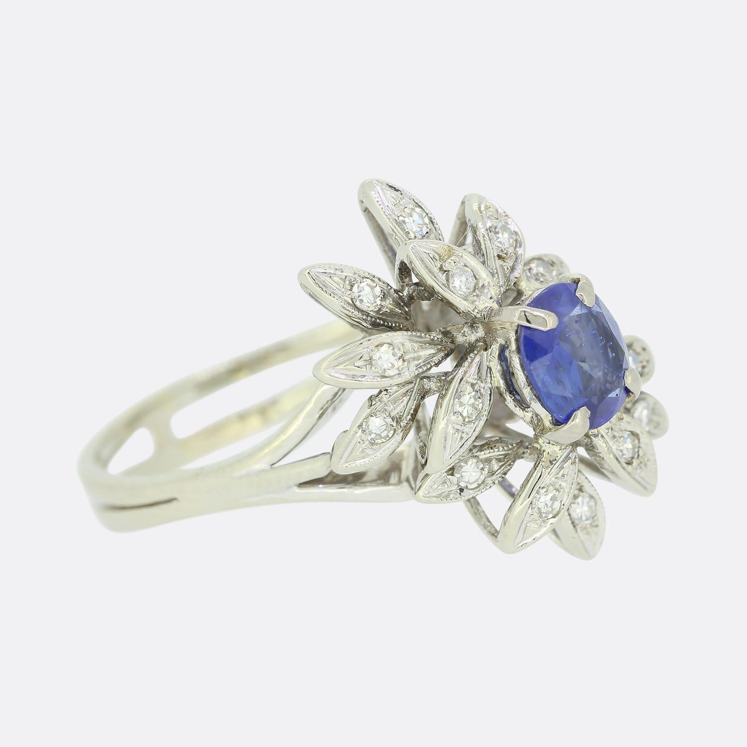 Cushion Cut Vintage Sapphire and Diamond Cluster Ring For Sale