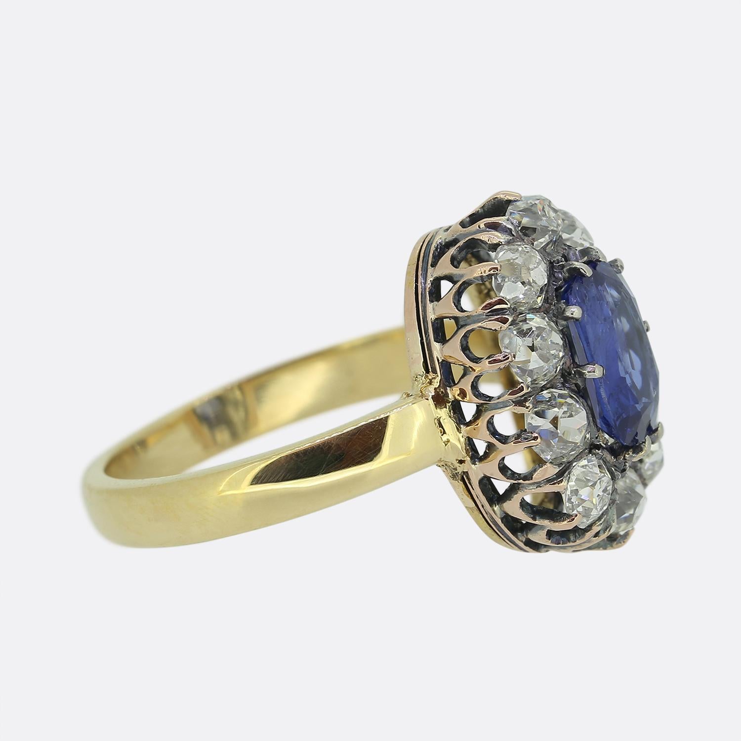 Oval Cut Victorian Sapphire and Diamond Cluster Ring For Sale