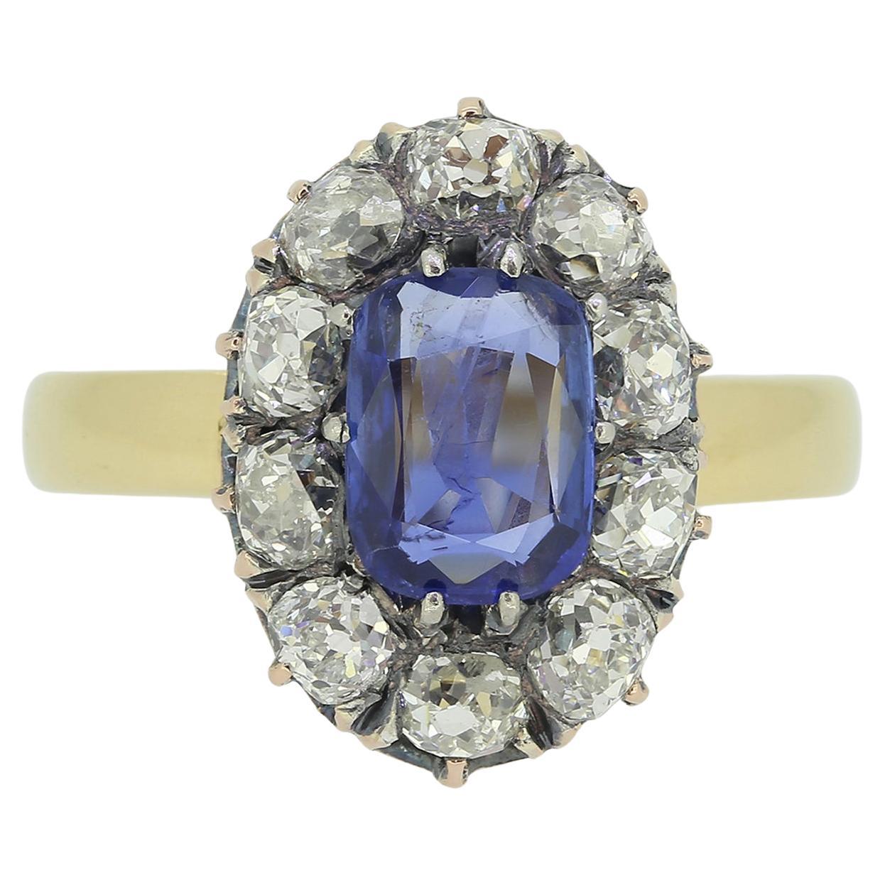 Victorian Sapphire and Diamond Cluster Ring For Sale