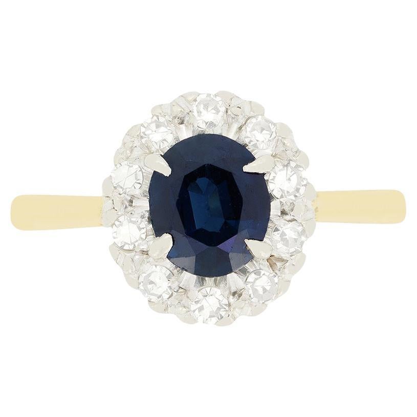 Bague vintage à saphir et diamant, poinçonnée en 1962