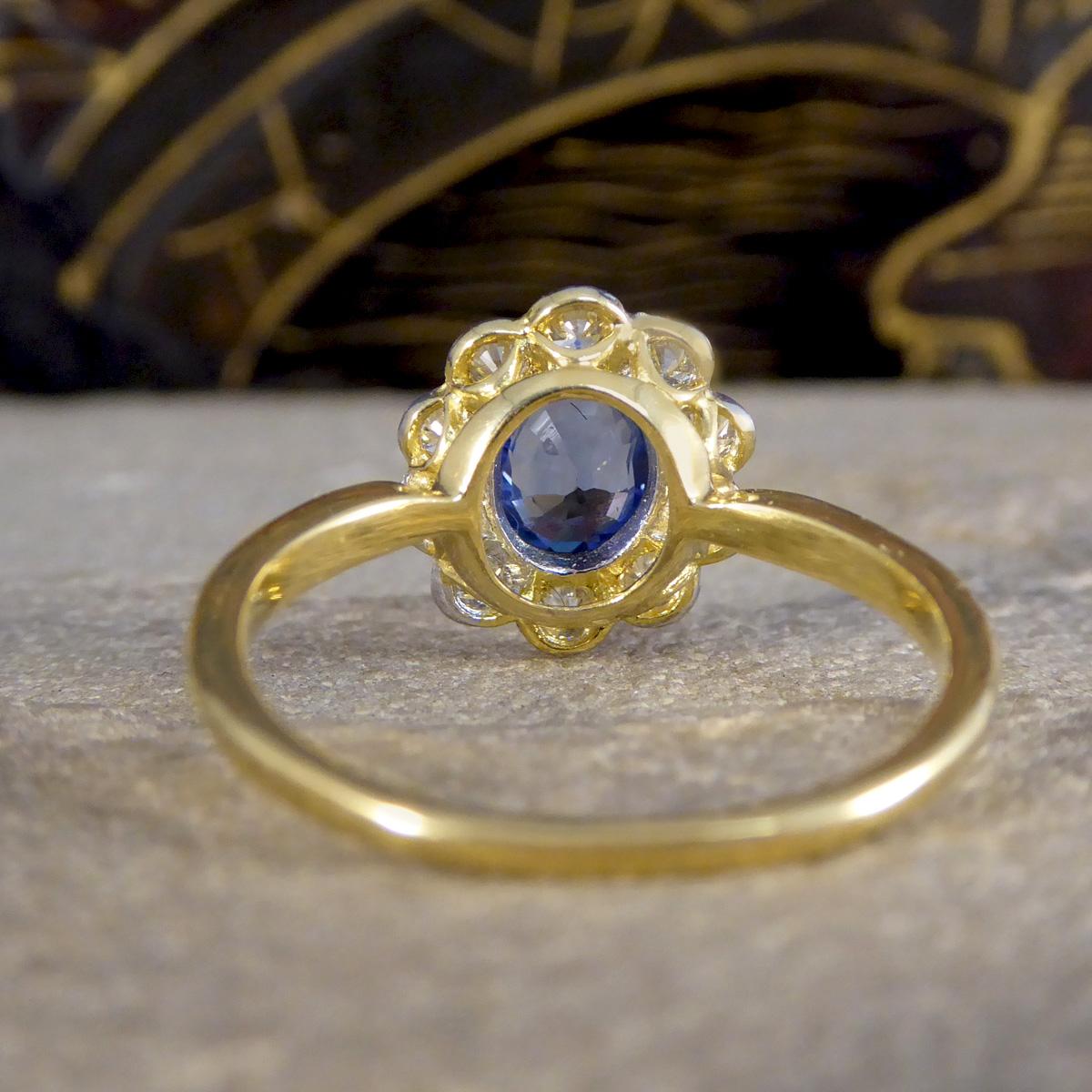 Oval Cut Vintage Sapphire and Diamond Cluster Ring in 18ct Yellow and White Gold For Sale