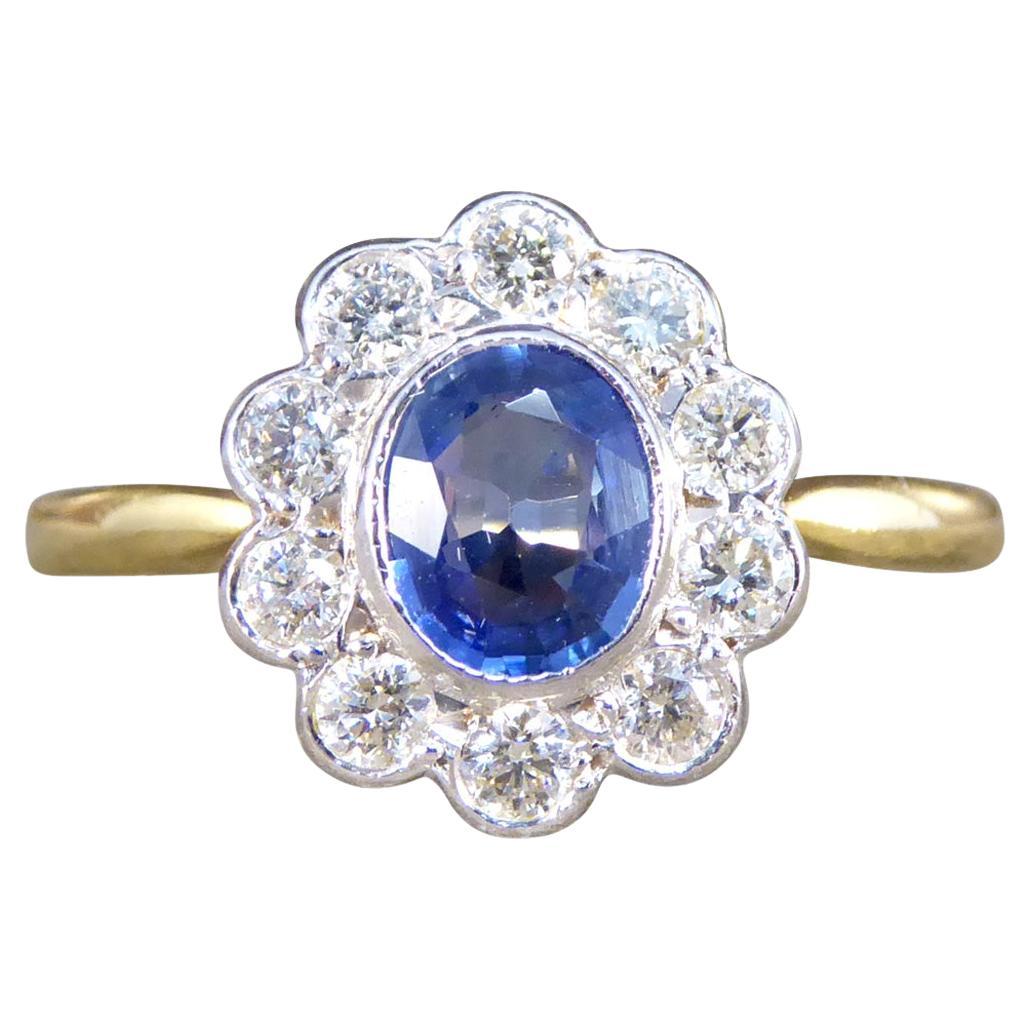 Vintage Sapphire and Diamond Cluster Ring in 18ct Yellow and White Gold For Sale