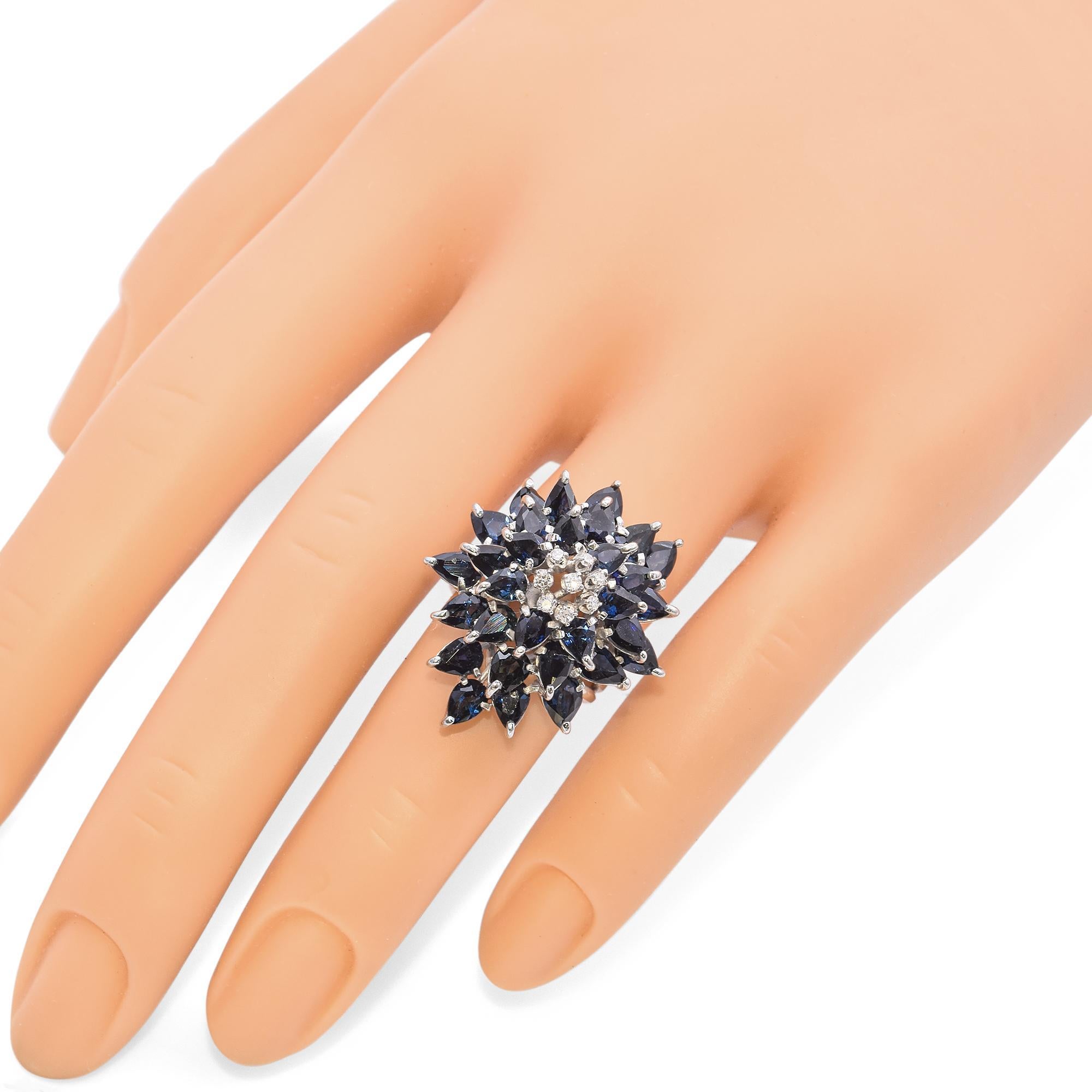 Pear Cut Vintage Sapphire and Diamond Cluster Statement Ring in a Precious Metal Alloy For Sale