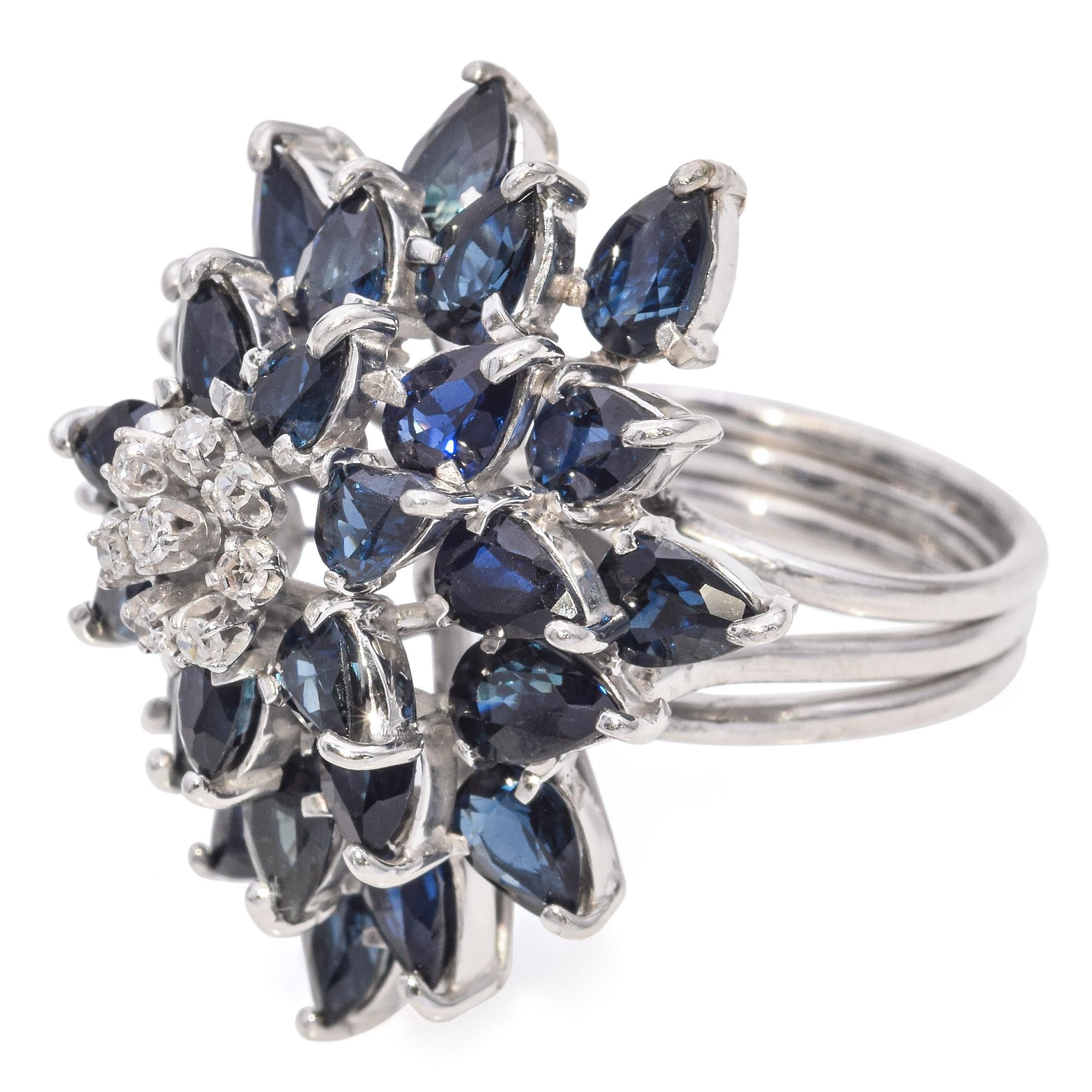 Vintage Sapphire and Diamond Cluster Statement Ring in a Precious Metal Alloy In Good Condition For Sale In New York, NY